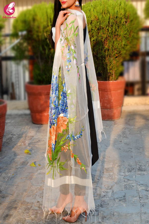 White Organza Hand painted Multicolored Floral Stole