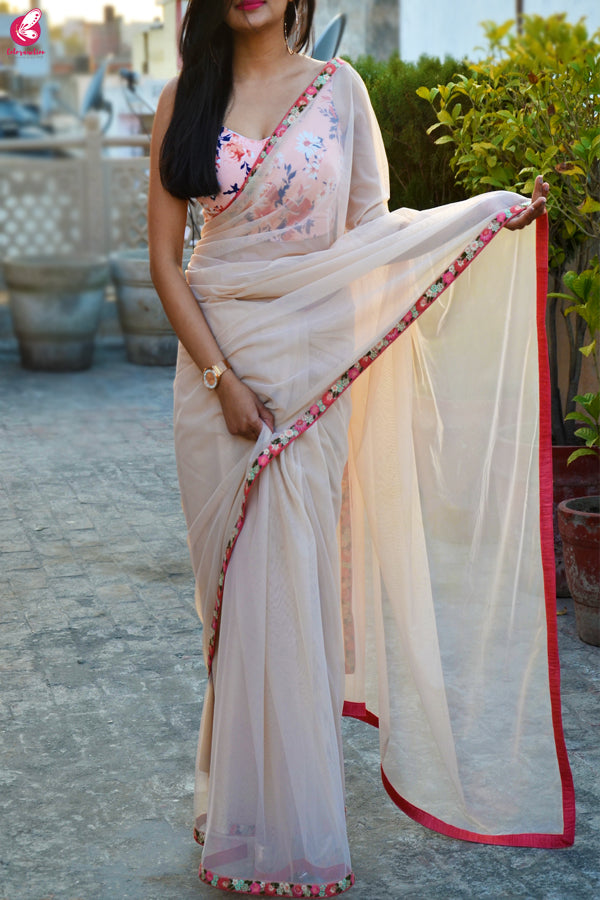 Cream Net Embroidered Border Saree