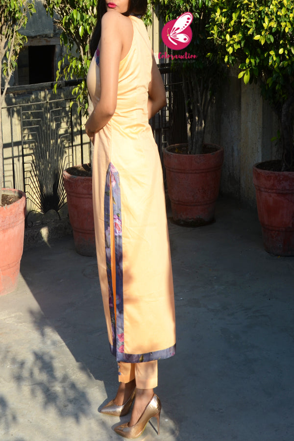 Pastel Orange Halter Neck Cotton Silk Kurti Set