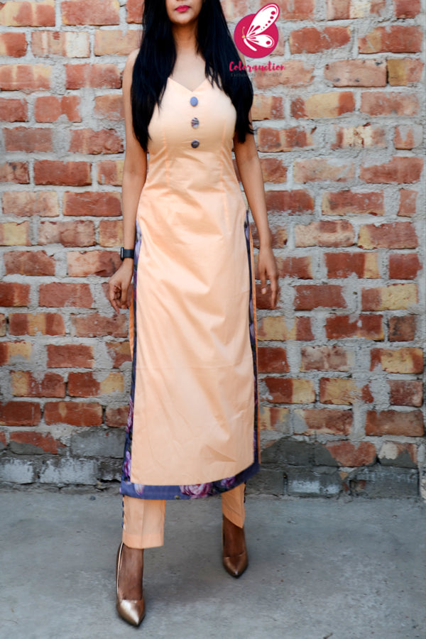 Pastel Orange Halter Neck Cotton Silk Kurti Set