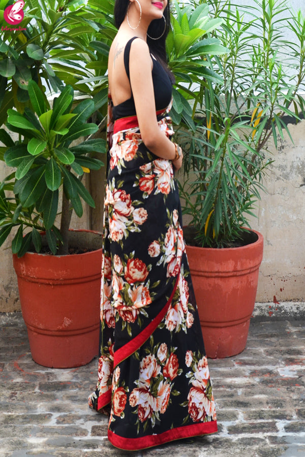 Maroon &amp; Black Printed Georgette Dupion Silk Taping Saree