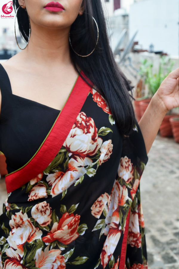 Maroon &amp; Black Printed Georgette Dupion Silk Taping Saree