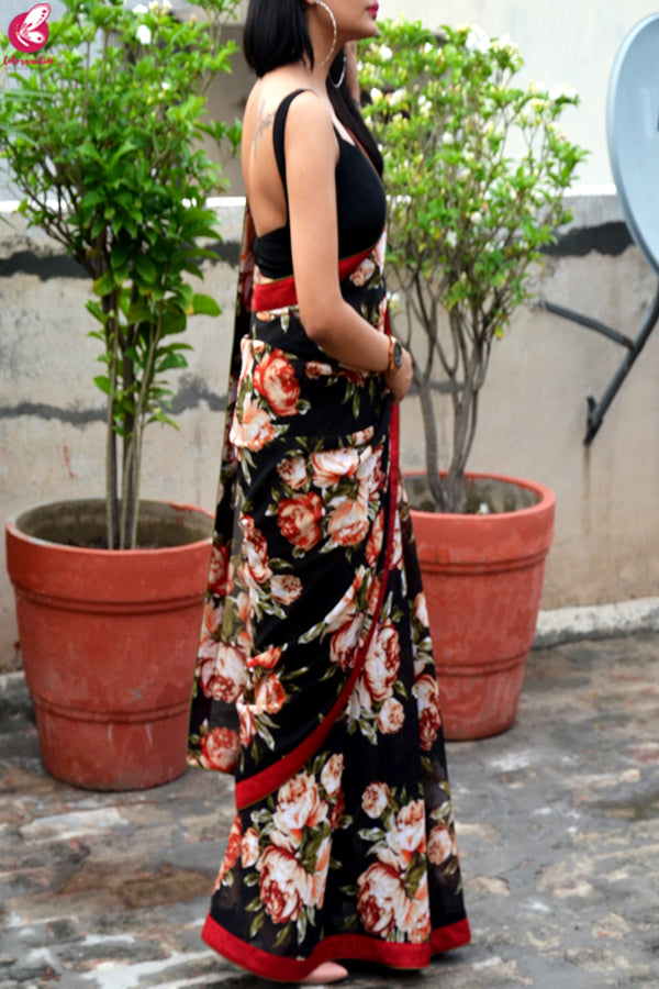 Maroon &amp; Black Printed Georgette Dupion Silk Taping Saree