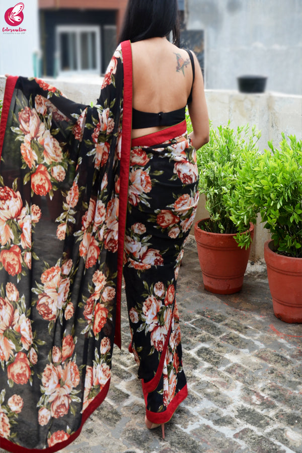 Maroon &amp; Black Printed Georgette Dupion Silk Taping Saree