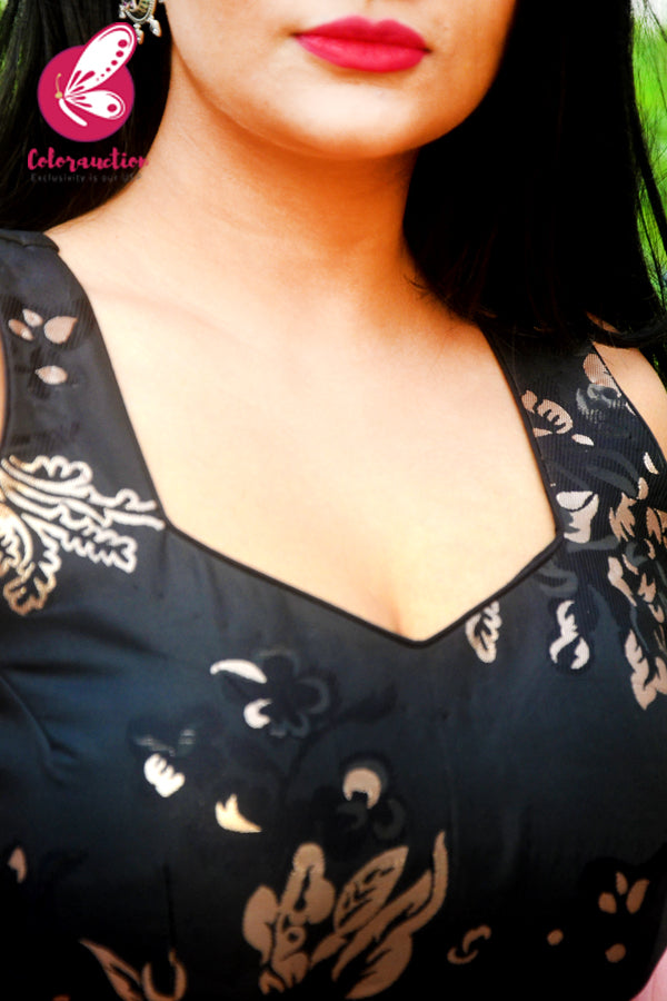 Black &amp; Golden Brocade Silk Padded Kurti with Black Cotton Silk Pants and Pink Pure Organza Three-Tier Ruffle Stole