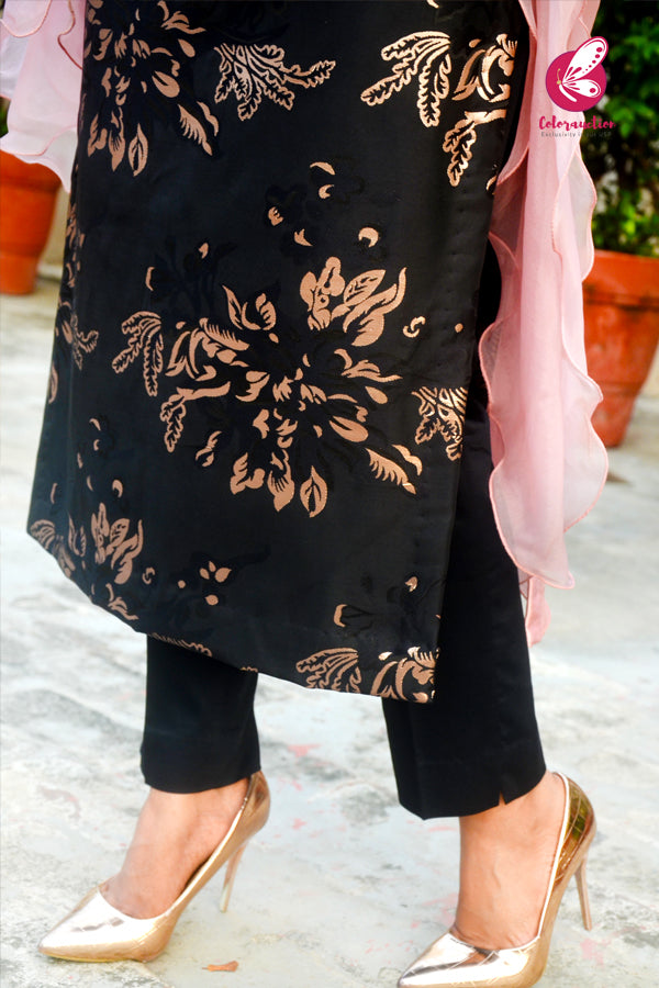 Black &amp; Golden Brocade Silk Padded Kurti with Black Cotton Silk Pants and Pink Pure Organza Three-Tier Ruffle Stole