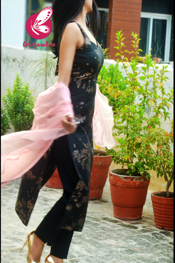 Black &amp; Golden Brocade Silk Padded Kurti with Black Cotton Silk Pants and Pink Pure Organza Three-Tier Ruffle Stole