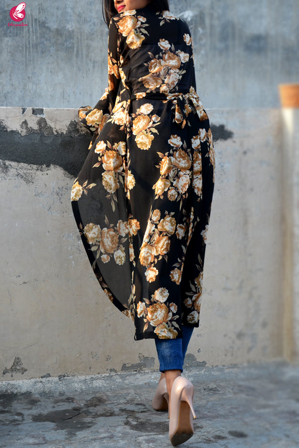 Black Printed Georgette Quarter Sleeves Long Shrug