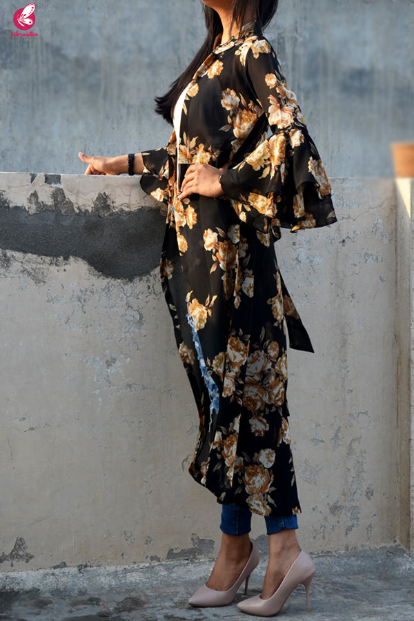 Black Printed Georgette Quarter Sleeves Long Shrug