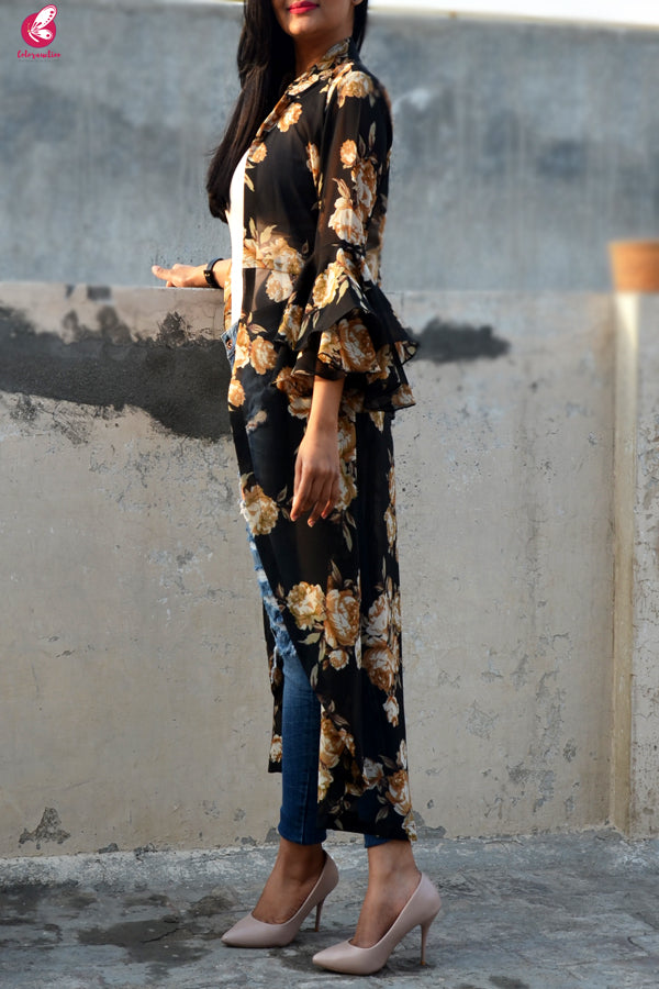 Black Printed Georgette Quarter Sleeves Long Shrug