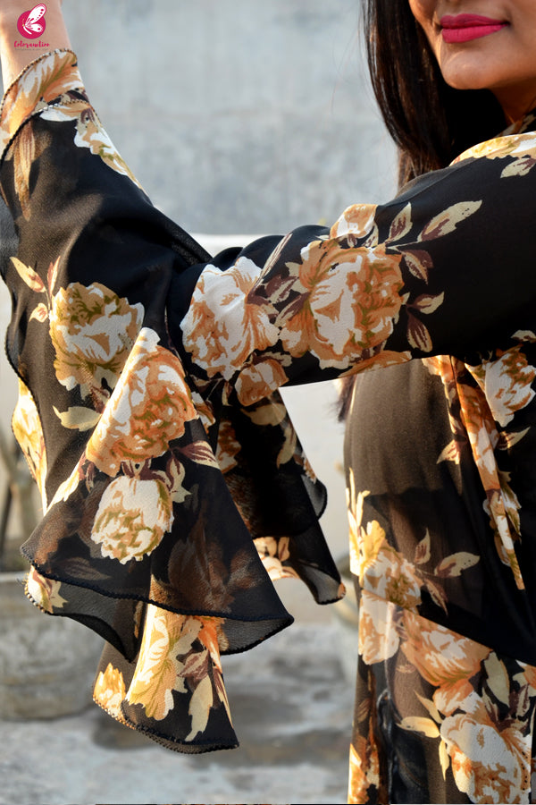 Black Printed Georgette Quarter Sleeves Long Shrug