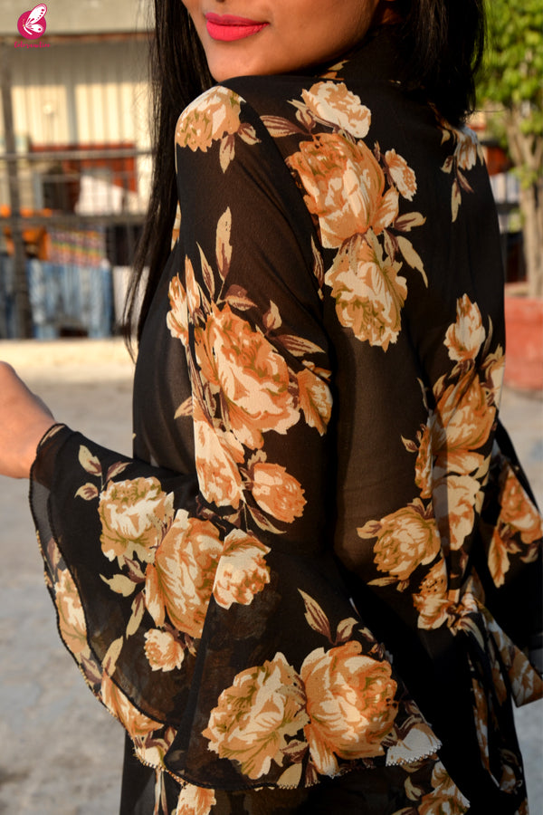 Black Printed Georgette Quarter Sleeves Long Shrug