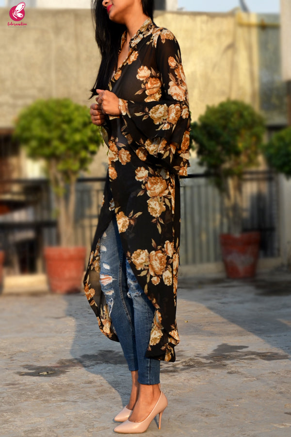 Black Printed Georgette Quarter Sleeves Long Shrug