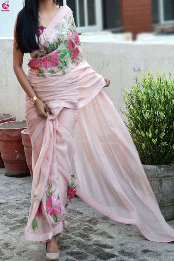 Light Pink Hand-painted Pure Silk Chiffon Saree