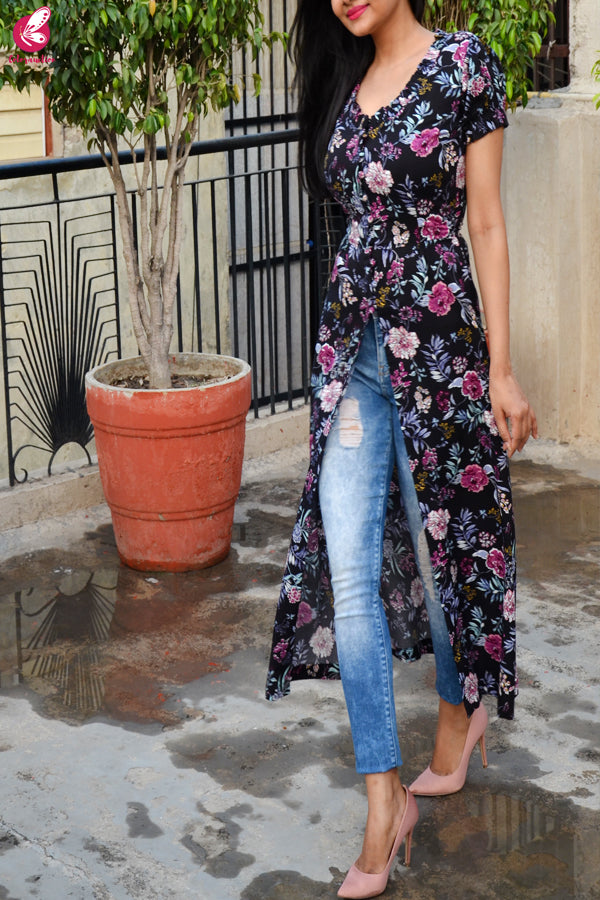 Black Printed Modal Rayon Puffed Sleeve Front Slit Kurti