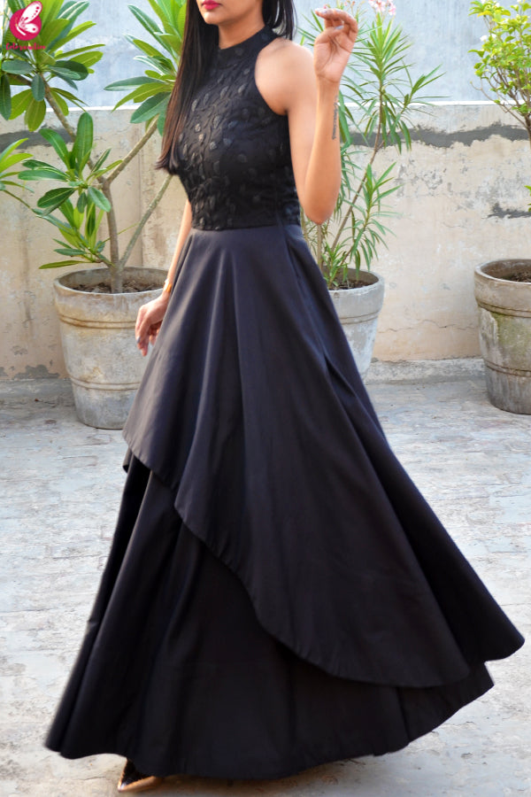 Black Padded Double Flair Embroidered Dress