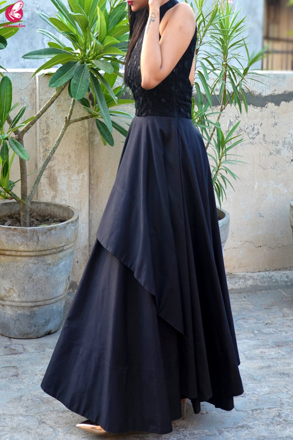 Black Padded Double Flair Embroidered Dress