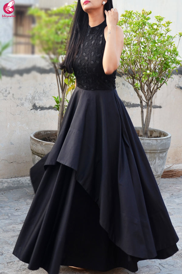 Black Padded Double Flair Embroidered Dress
