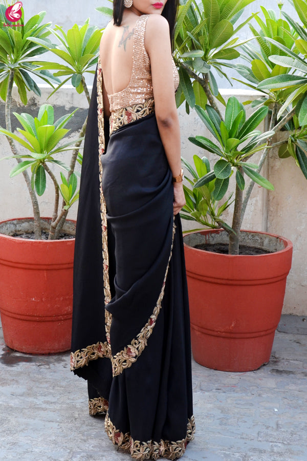 Black Upada Silk Dabka Zardozi Handwork Saree