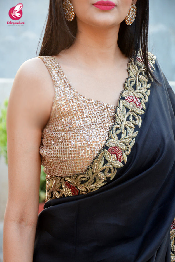 Black Upada Silk Dabka Zardozi Handwork Saree