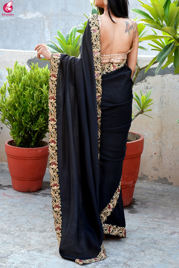 Black Upada Silk Dabka Zardozi Handwork Saree