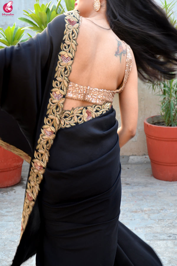 Black Upada Silk Dabka Zardozi Handwork Saree