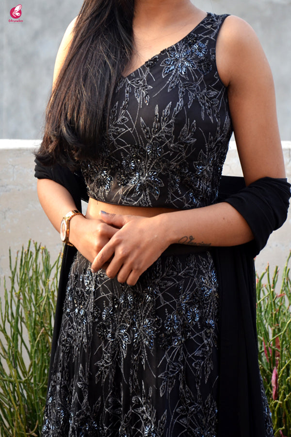 Black Embroidered Net Lehenga with Padded Blouse and Cut Work Stole