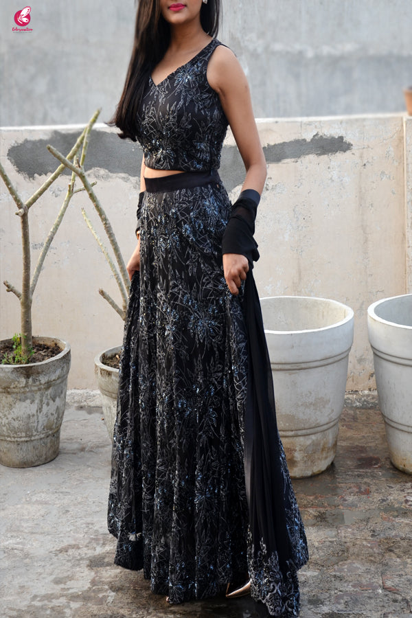 Black Embroidered Net Lehenga with Padded Blouse and Cut Work Stole