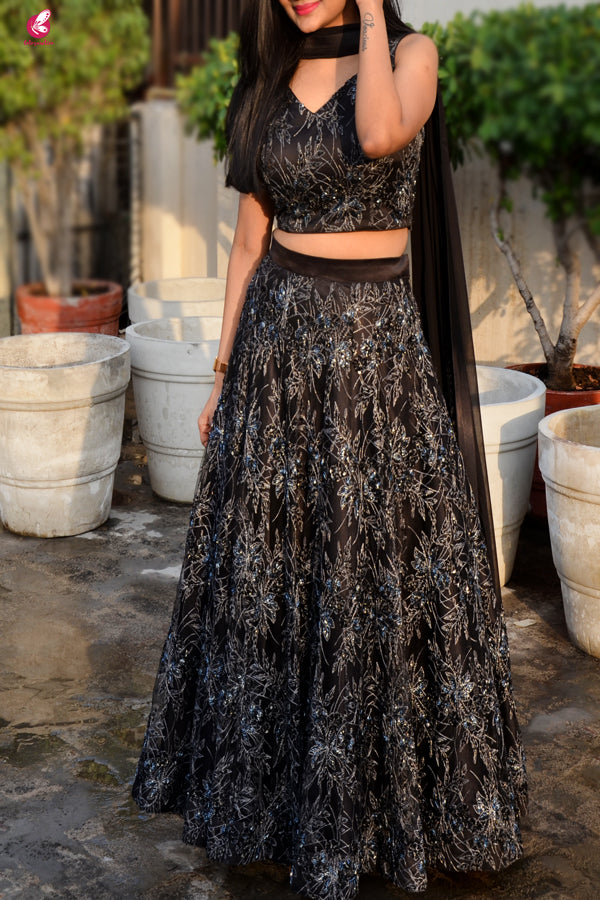 Black Embroidered Net Lehenga with Padded Blouse and Cut Work Stole