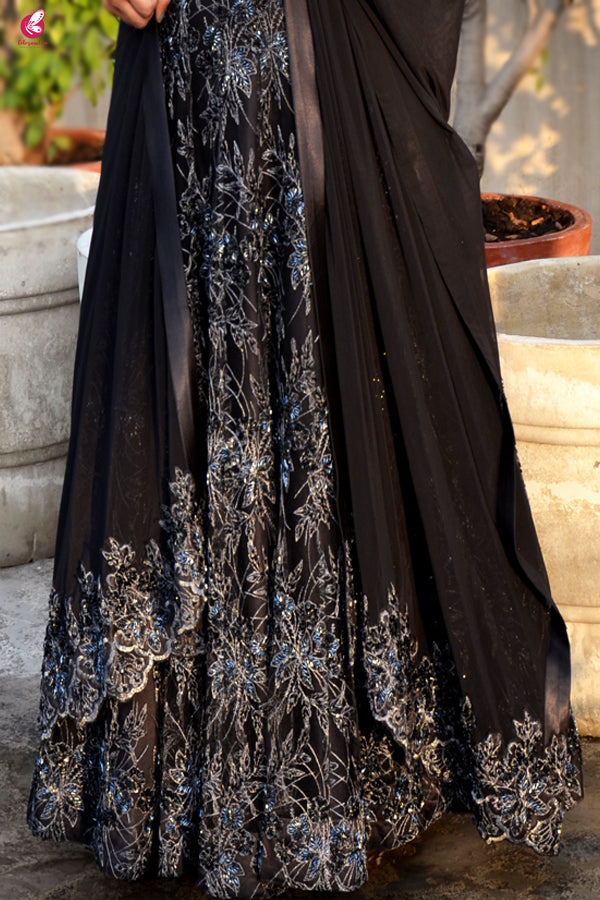Black Embroidered Net Lehenga with Padded Blouse and Cut Work Stole
