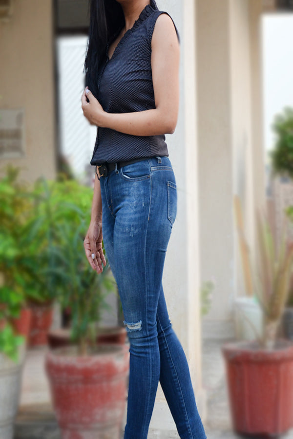 Black Polka Dots Cotton Silk Sleeveless Shirt