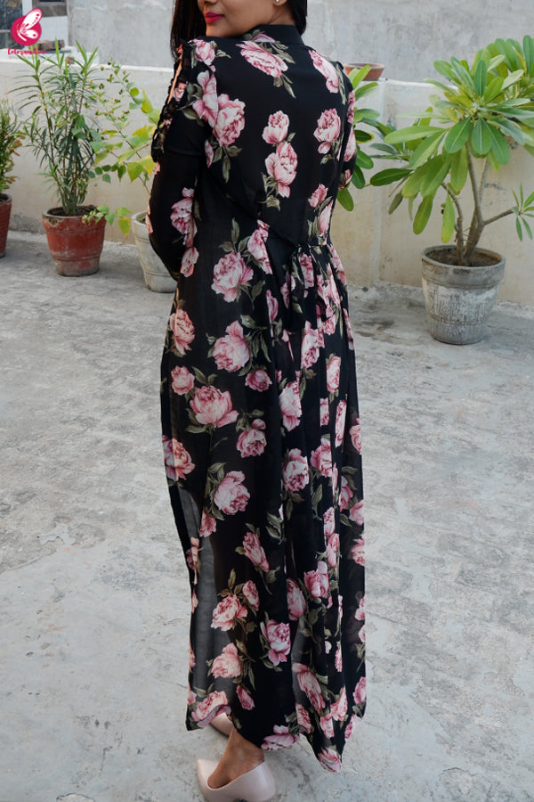 Black Georgette Floral Long Shrug