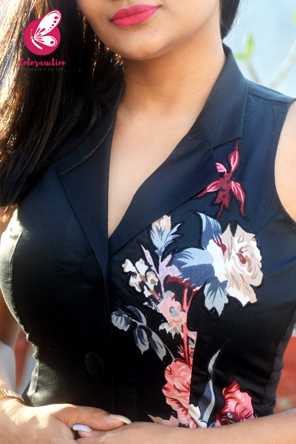 Black Cotton Silk Floral Applique Kurti with Black Cotton Silk Pants