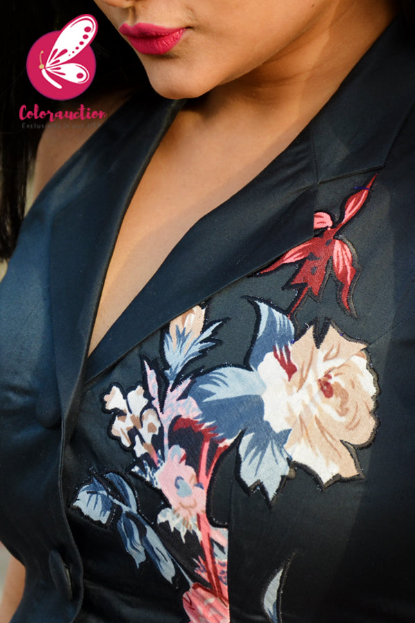 Black Cotton Silk Floral Applique Kurti with Black Cotton Silk Pants