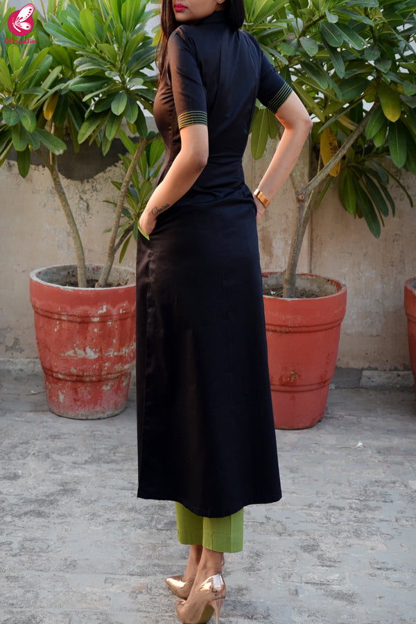 Black &amp; Green Cotton Silk Kurti with Green Stripes Cotton Silk Pants