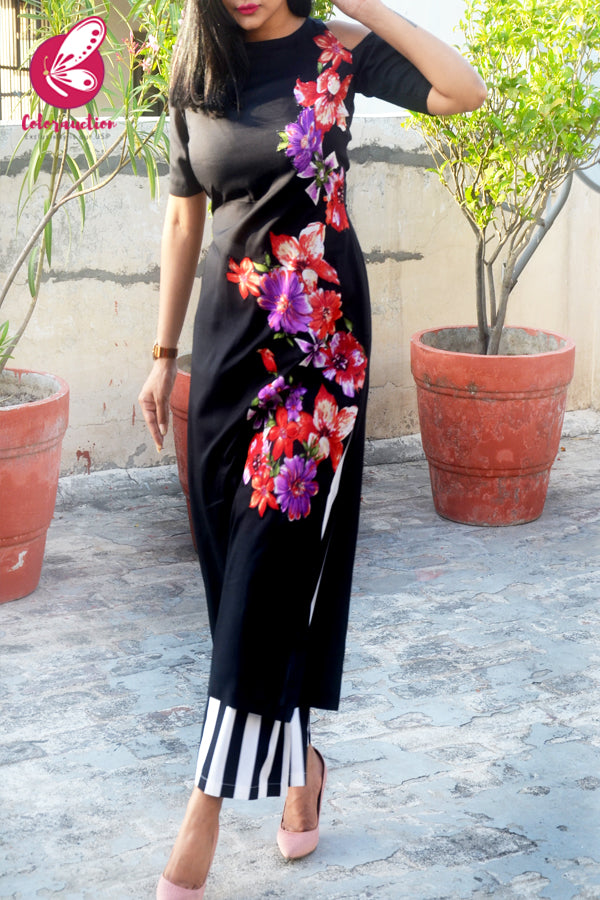 Black Modal Rayon Patched Straight Kurti