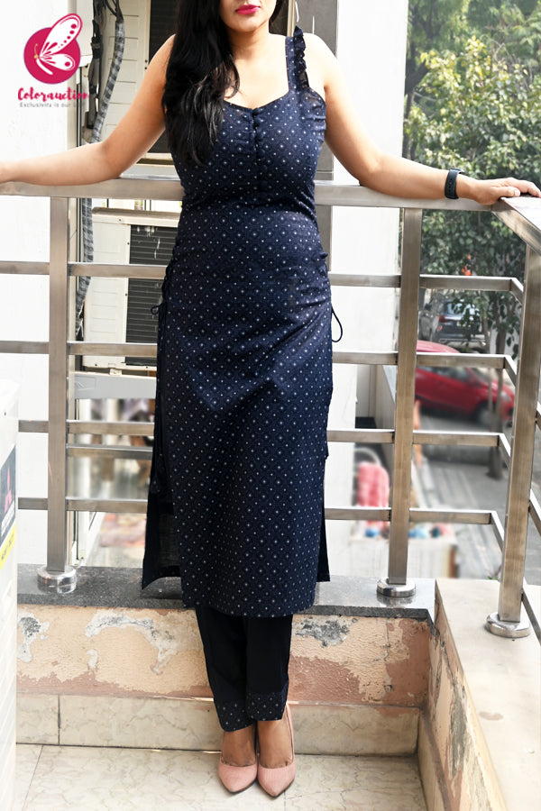 Black Printed Sleeveless Cotton Silk Kurti with Black Cotton Silk Pants Kurti Set