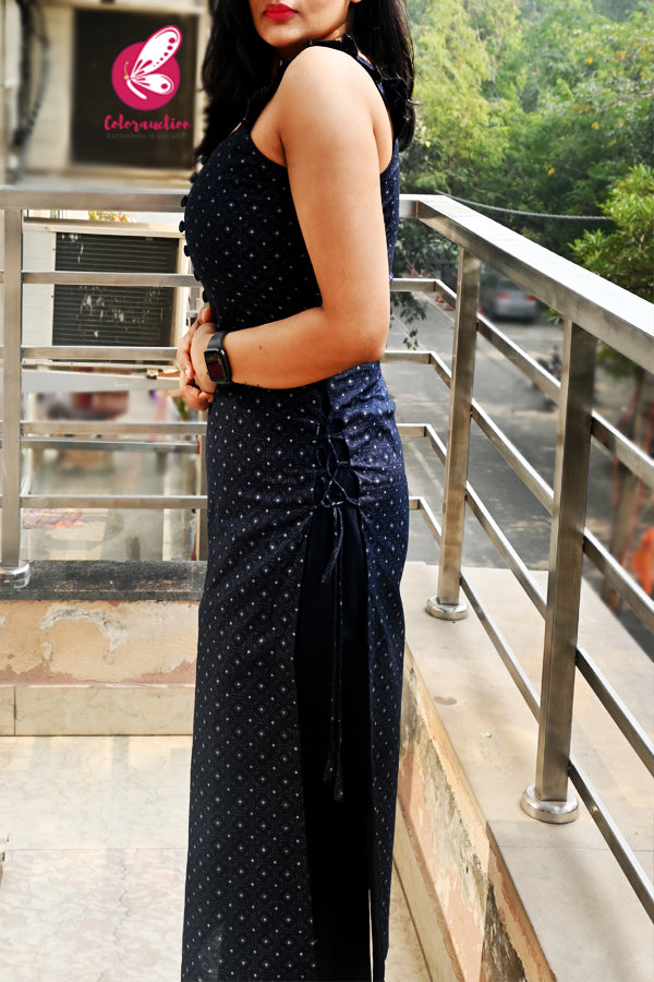 Black Printed Sleeveless Cotton Silk Kurti with Black Cotton Silk Pants Kurti Set