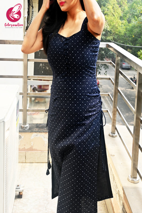 Black Printed Sleeveless Cotton Silk Kurti with Black Cotton Silk Pants Kurti Set