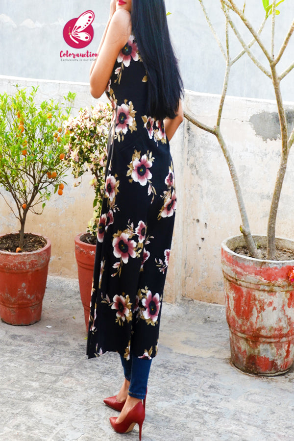 Black Floral Printed Crepe  Sleeveless Front Slit Kurti