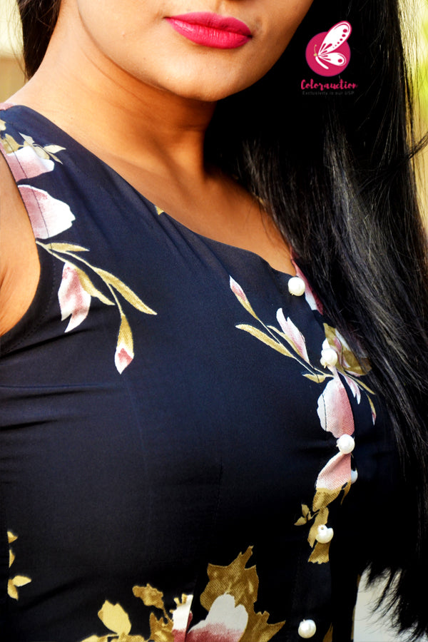 Black Floral Printed Crepe  Sleeveless Front Slit Kurti