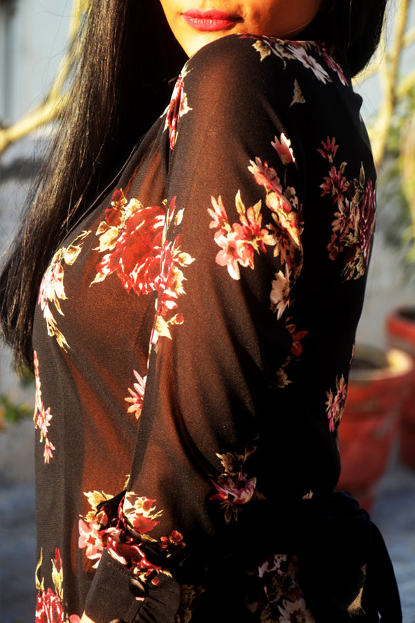 Black Georgette Printed Quarter Sleeves Long Shrug