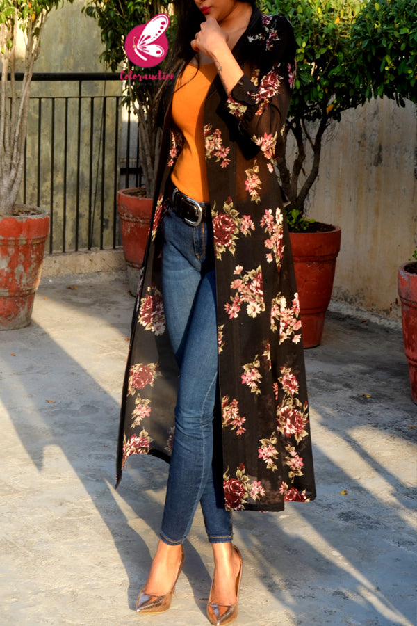 Black Georgette Printed Quarter Sleeves Long Shrug