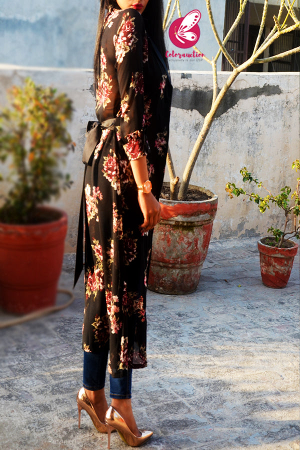 Black Georgette Printed Quarter Sleeves Long Shrug