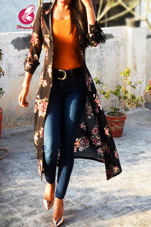 Black Georgette Printed Quarter Sleeves Long Shrug