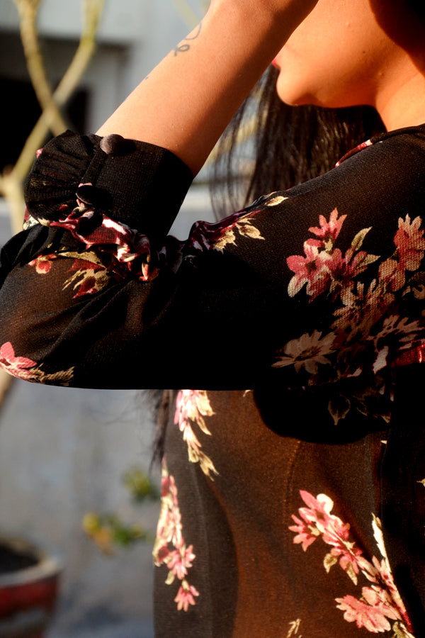 Black Georgette Printed Quarter Sleeves Long Shrug