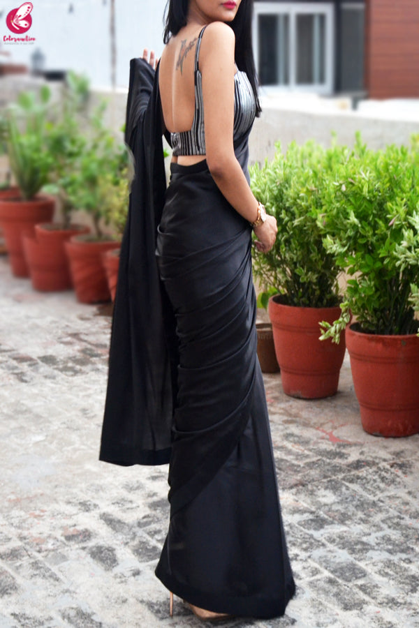Black Satin Dupion Silk Taping Saree