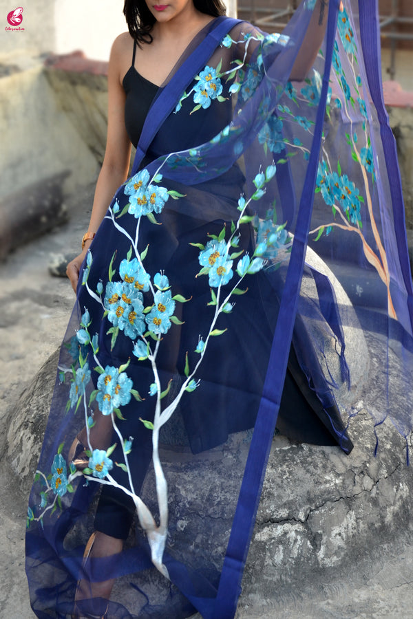 Purple Organza Floral Hand painted Stole
