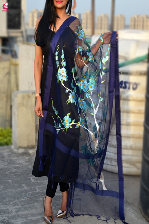 Purple Organza Floral Hand painted Stole