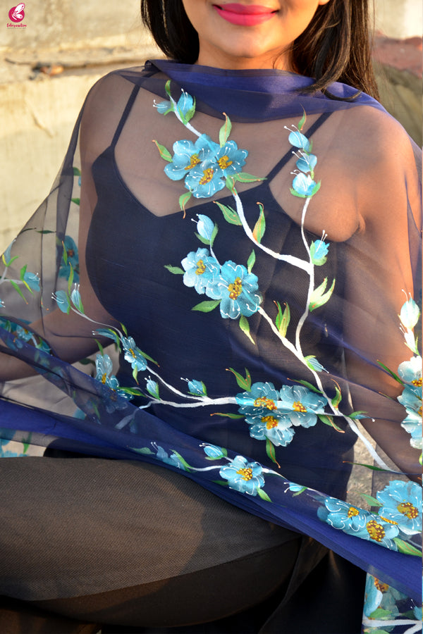 Purple Organza Floral Hand painted Stole